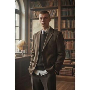 Vintage Old School Bespoke Men's Brown Houndstooth Blazer Size‎ 44 dark academia